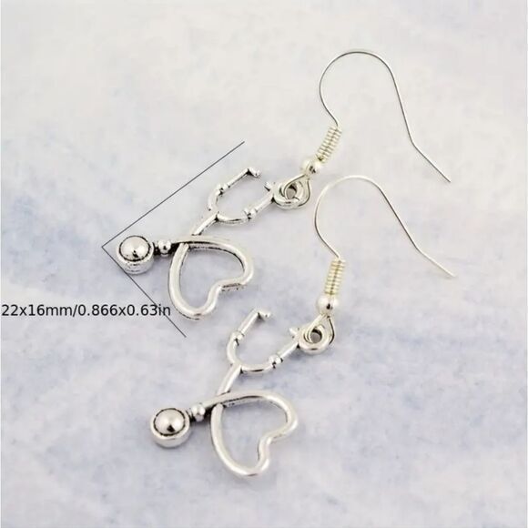 Stethoscope Heart Womens Nursing Medical Field Doctor Silver Dangle Earrings - Picture 2 of 5